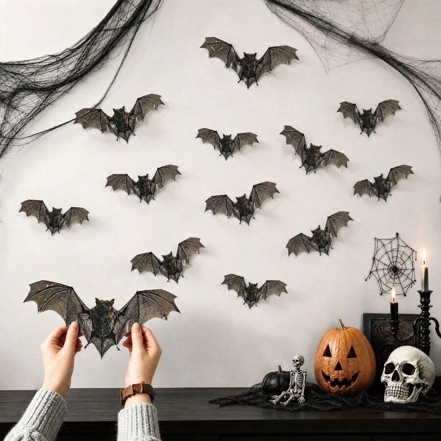 12pcs 3D Realistic Vintage Bat Wall Stickers, Halloween Theme Bat Wing Decals, Suitable For Home Wall Decor And Window Holiday Decoration - Multicolor - View 1