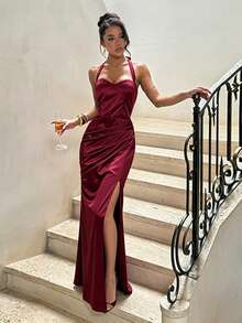Women's Autumn Burgundy Satin Halter Neck Slit Elegant Dress, Back To School, Party, Date - Burgundy - View 3