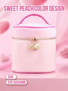 MISSLYN 1 buah Tas Kosmetik Mewah Warna Pink, Desain Pink Peach Lembut dengan Trim Kontras Mawar, Penyimpanan Silinder Kapasitas Besar, Resleting Ganda Halus, Hadiah Liburan, Musim Kembali ke Sekolah, Cocok untuk Rumah, Kantor, dan Perjalanan Akhir Pekan - Berwarna merah muda - View 5