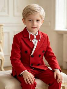 Young Boys 4-Piece Suit Set, Boys Gentleman Formal Outfit Jacket + Vest + Pants + Bow Tie Set, Premium Formal Wear - Red - View 1