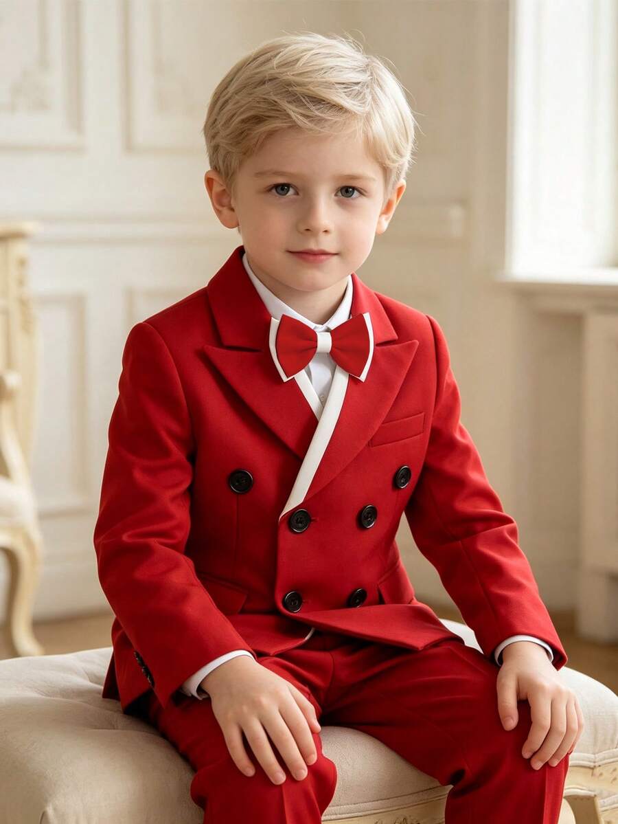 Young Boys 4-Piece Suit Set, Boys Gentleman Formal Outfit Jacket + Vest + Pants + Bow Tie Set, Premium Formal Wear - Red - View 1