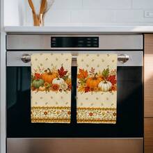 2PCS Kitchen Towels Vintage Floral Border Pumpkin Flower Pattern, Ultra-Fine Microfiber Material Soft Kitchen Towels Dish Cloths, Hand Towels, Tablecloths, Kitchen Decor, Kitchen Cleaning, Bathroom Cleaning, Holiday Party Decoration, Kitchen Bathroom Supplies Home Essentials, Home Decor, Housewarming Gift - Coral Orange - View 5