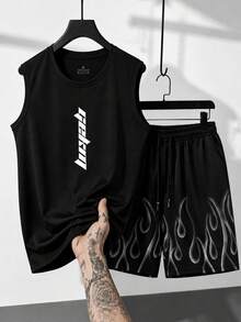 Men's Letter Print Crew Neck Raglan Sleeveless Tank Top And Shorts Set, Casual Summer Fitness Muscle Outfit, Versatile Minimalist Sportswear, Suitable For Outdoor Wear - Black - View 4
