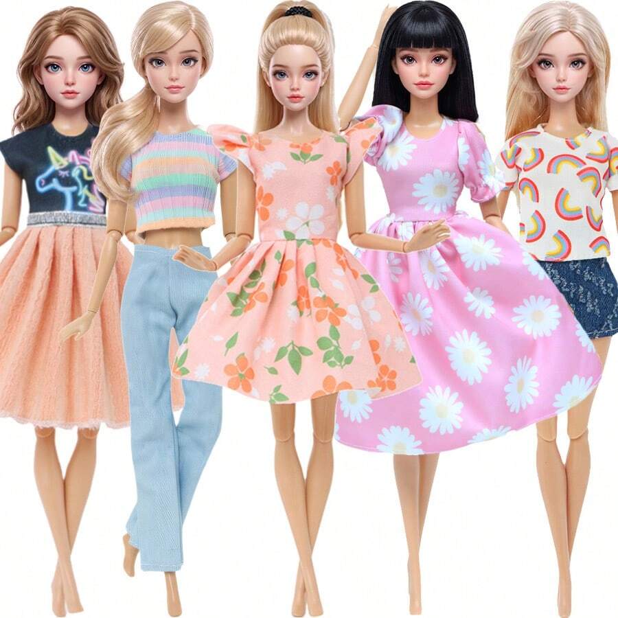 5pcs Set Polyester Fashion Doll Clothes, 11.5 Inch 1:6 Doll Casual Dress Set, Suitable As Children's Day/Birthday Gift (Doll Not Included)