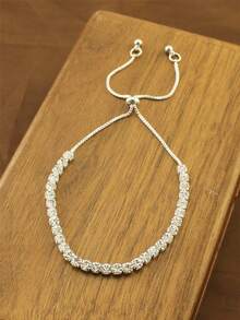 A Retractable Adjustable Diamond-Encrusted Silver Women's Bracelet - Silver - View 4