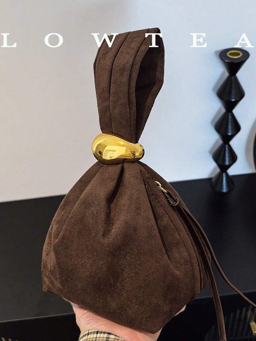 low tea 1pc Solid Color Suede Fabric Handbag For Women, Personalized Mini Cloud Pleated Bag With Metal Decor Zipper Closure, Suitable For Daily And Outing Use