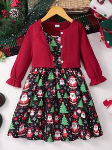Girls Christmas Holiday 2 Pieces Dress Set, Red Ribbed Knit Ruffle Sleeve Long Sleeve Cropped Cardigan + Santa Claus Christmas Tree Snowflake All-Over Print Full Skirt A-Line Spaghetti Strap Princess Dress - Red - View 2