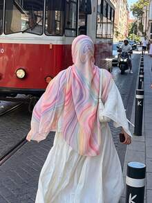 1件女款夏季雪紡碎花圍巾，彩虹紮染圖案，適合夏季海灘旅行，防曬、透氣舒適 - 彩色 - 查看 2
