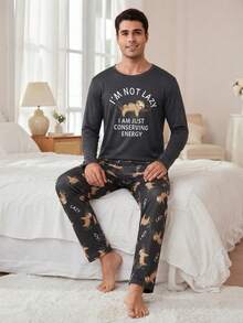 Men's Sloth Cartoon Print Pajama Set, Long Sleeve Top And Pants, Fun Letter Pattern, Casual Loungewear 2-Piece Set - Black - View 3