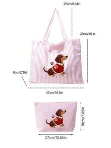 1/2件組條紋托特包與化妝包，印有「臘腸狗」圖案，適合度假、通勤、購物，送給家人與朋友的禮物 - 彩色 - 查看 10