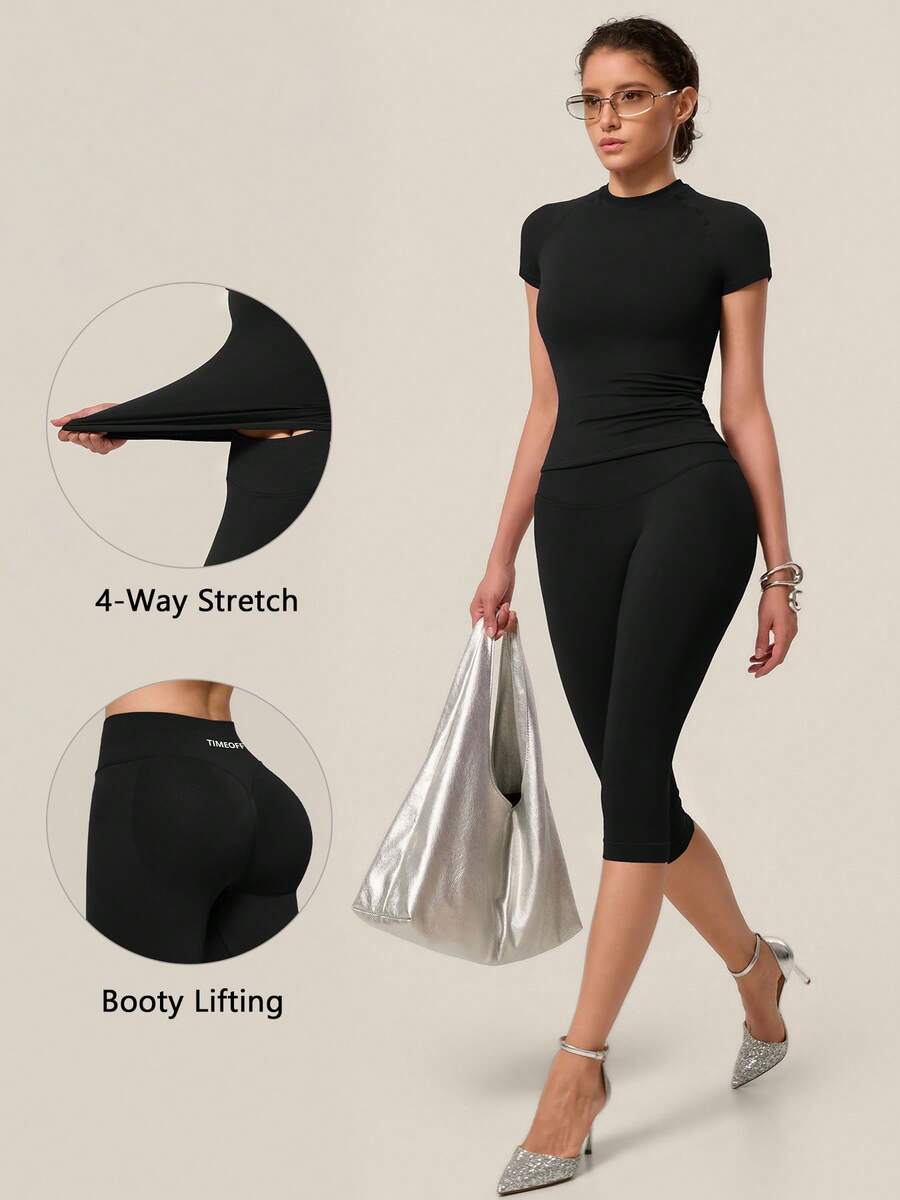 TimeOff Conjunto deportivo de mujer de un solo color sin costuras con cuello redondo, manga corta, cintura acanalada y pantalones de largo medio - Negro - Ver 1
