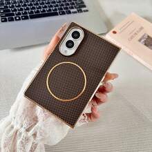Premium Minimalist Plaid PU Leather Electroplated Phone Shell Compatible With Samsung Galaxy Z Fold 8 Fold 8 Ultra 7 6 5 4 All Inclusive Anti-Drop Business Protective Case Wireless Charging Available - Brown - View 4