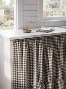 1pc Black & White Plaid Table Skirt, Modern Minimalist Style, Rectangular With Ruffle Edge And Pleated Details, Concealing Storage And Decorative Function, Suitable For Kitchen Island And Home Decor - Black - View 9