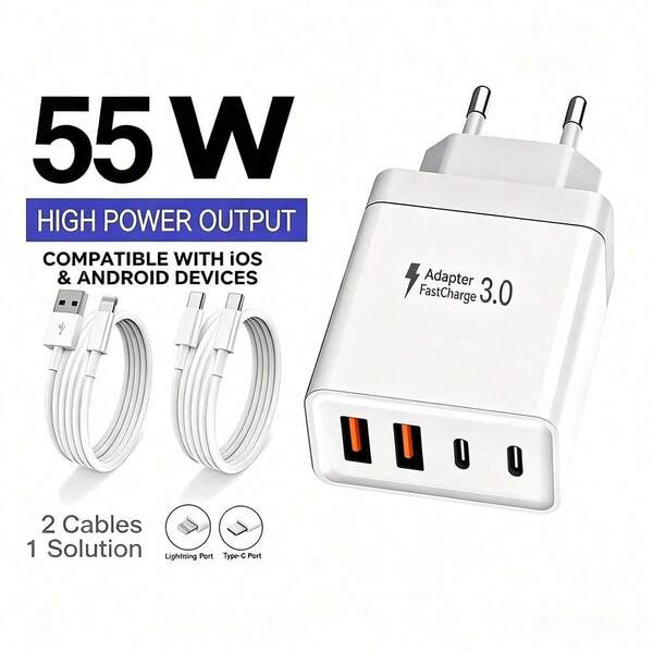 شاحن حائطي سريع الشحن من النوع C/E/F (220-240 فولت) 55 واط 4 منافذ شاحن فائق السرعة (2 USB-A + 2 USB-C)، يأتي مع كابلات شحن سريع USB-C إلى USB-C/USB-C إلى Lightning بطول 3.3 قدم، متوافق مع iPhone 17/16/15/14/13/12 وسلسلة Galaxy S25/S24/S23/S22، مثالي للاستخدام المنزلي والمكتبي والسفر، عيد الجيش