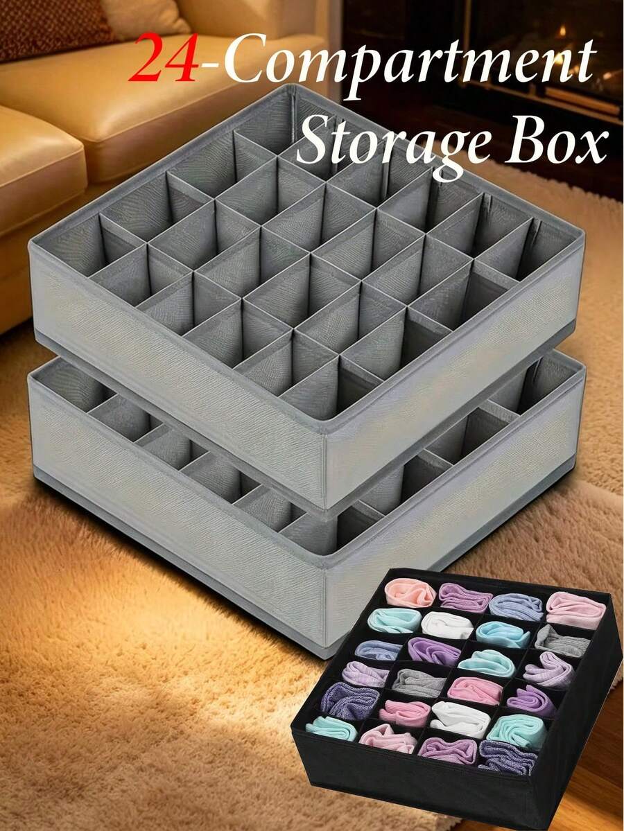 24-Grid Foldable Socks & Underwear Storage Organizer, Fabric Collapsible Closet Organizer Box, Suitable For Socks, Underwear, Ties, Grey, Autumn Decor, Holiday Decor, Room Decor, Home Decor, Autumn Decor, Bedroom Decor - Multicolor - View 1