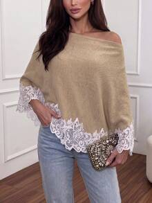 Suéter de Tricô com Ombro Frio Feminino, Top Assimétrica com Barra de Renda, Top Casual para Camadas no Outono/Inverno - Caqui - Visão 7