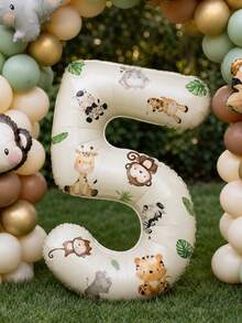 3pcs Jungle Animal Sticker Set, Includes 32-Inch Cream Color Foil Number Balloon, Suitable For Birthday Party, Baby Shower Decoration, Photo Props And Party Supplies - View 6