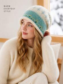 Fair Isle Jacquard Knit Beanie Hat For Women, Autumn/Winter, Premium Rolled Edge Slouchy Hat, Large Head Circumference, Warm Knitted Plush Hat - Knitted Hat - View 2