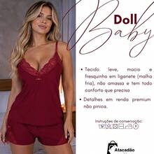 Short Doll Baby Doll Confortável Verão Renda Sem Bojo Pijama Dormir Noite Curto Lindo Fresco Malha Fria - Vermelho - Visão 6