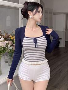 Contrast Stripe Camisole With Bow Accent & Shrug Cardigan 2 Pieces Set, Spring/Summer - Navy Blue - View 1