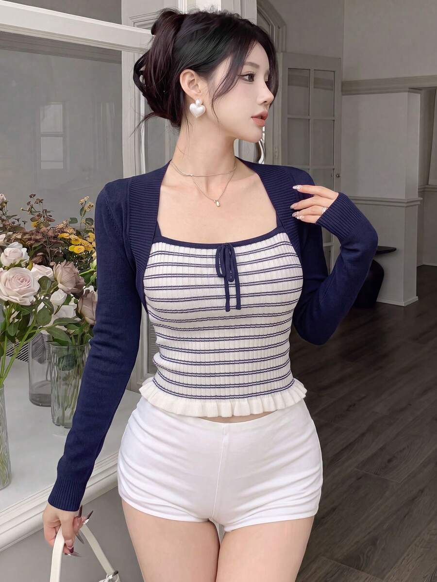 Contrast Stripe Camisole With Bow Accent & Shrug Cardigan 2 Pieces Set, Spring/Summer - Navy Blue - View 1