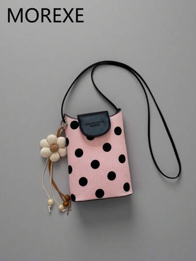 Women's Fashion Polka Dot Vertical Crossbody Phone Bag With Floral Charm