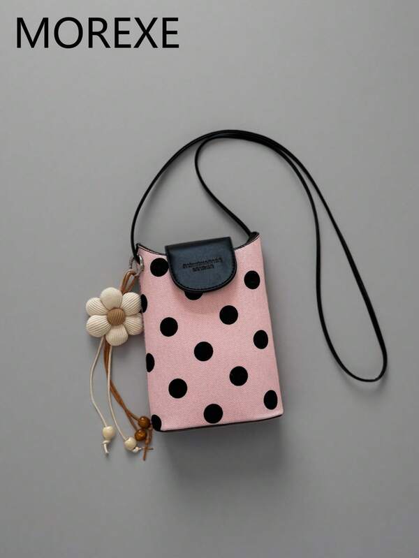 Women's Fashion Polka Dot Vertical Crossbody Phone Bag With Floral Charm