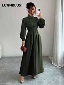 LUNNELUX Women's Autumn Clothing, Elegant A-Line Skirt With Button Design On Top, Long Elegant Dress, Suitable For Office Wear, Casual, Wedding, Party - Olive Green - View 2