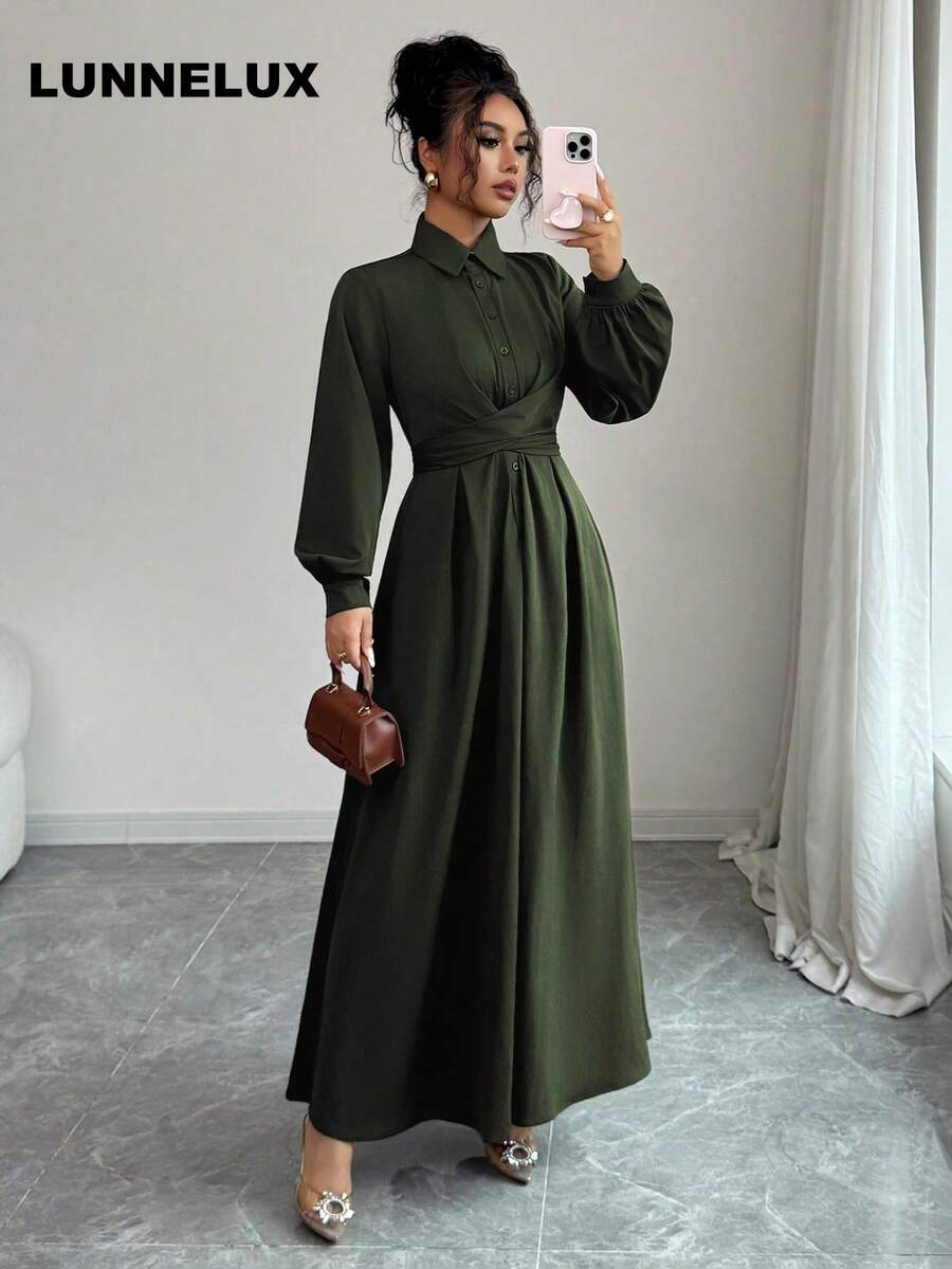 LUNNELUX Women's Autumn Clothing, Elegant A-Line Skirt With Button Design On Top, Long Elegant Dress, Suitable For Office Wear, Casual, Wedding, Party