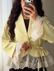 Solstice Apparel Women Lapel Tie Waist Blazer, Lace Cuff & Hem Ruffle Hem Cropped Jacket - Yellow - View 4