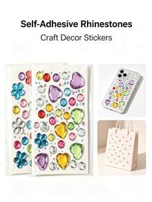 1/3/5/10 Pcs Self‑Adhesive Rhinestone Gem Stickers, Multishape Glossy Colorful Acrylic Crystal Decals, Heart Flower Round Diamond Ornament, DIY Decor Accessory For Journal, Phone Case, Scrapbooking, Card‑Making Handcraft Supplies - One Size - View 2