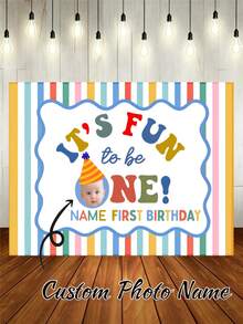 Customizable Name & Photo Colorful Striped Background First Birthday! Happy Birthday Backdrop Suitable For Bath, Birthday Party, Gift, Indoor/Outdoor Wall Decor Photography Banner Vinyl, Step And Repeat - Multicolor - View 1