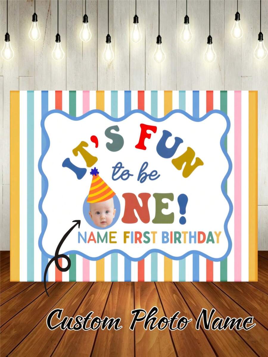 Customizable Name & Photo Colorful Striped Background First Birthday! Happy Birthday Backdrop Suitable For Bath, Birthday Party, Gift, Indoor/Outdoor Wall Decor Photography Banner Vinyl, Step And Repeat - Multicolor - View 1