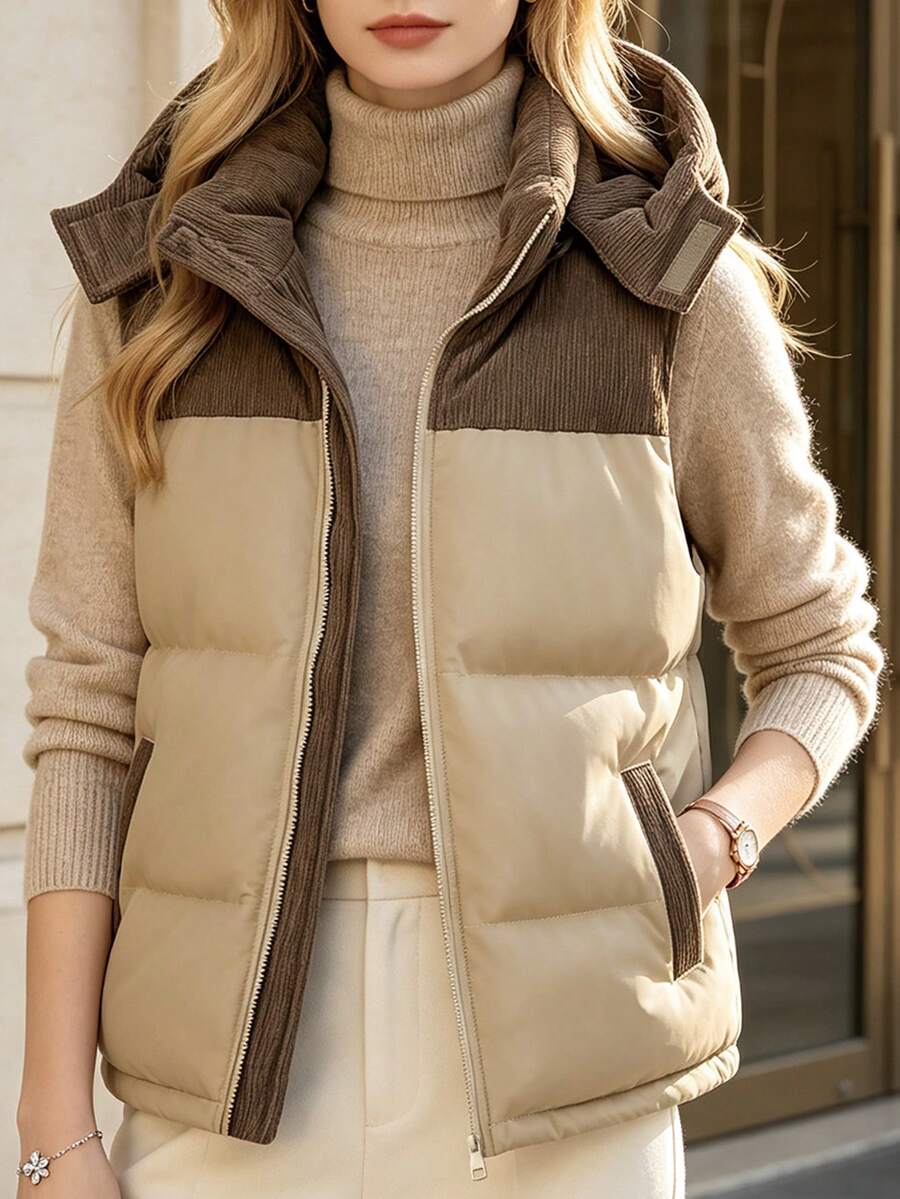 Women's Autumn/Winter Colorblock Thickened Warm Hooded Padded Vest Jacket - Khaki - View 1