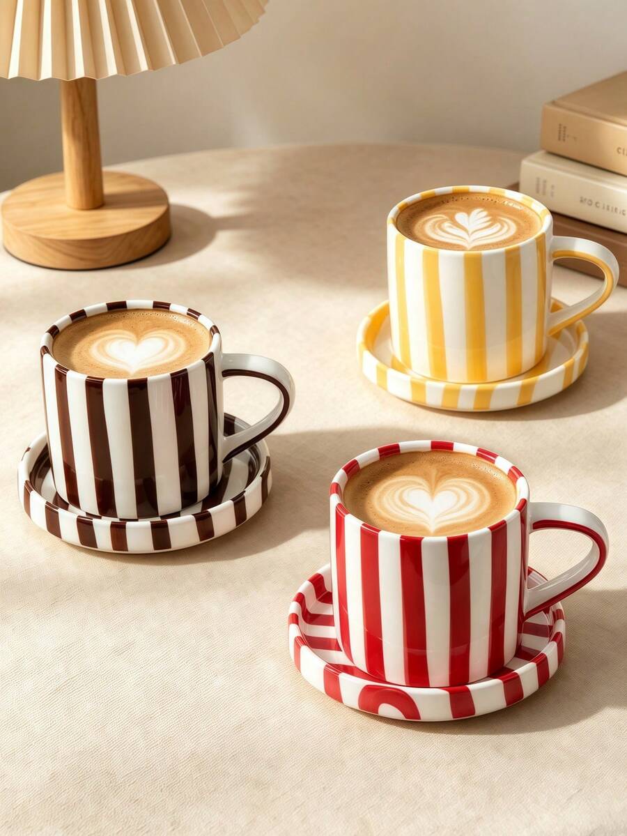 Multi-Color Vertical Striped Ceramic Coffee Cup With Matching Tray, Red Yellow Black 3-Color Striped Porcelain Latte Tea Cup Set, Vintage French Aesthetic Breakfast Tableware, Romantic Valentine's Day Birthday Housewarming Gift
