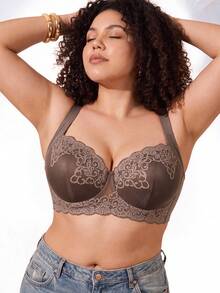 Plus Size Floral Lace Underwire Bra, Wide Strap Comfortable Style, Full Coverage Design, Exquisite Lace Details, Supportive Underwire For Breast Lift - Mocha Brown - View 5