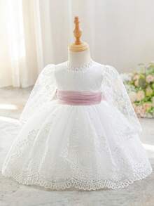Baby Girls Lace Long Sleeve Embroidered Back V-Neck Puff Tulle Elegant Gorgeous Princess Dress Flower Girl Gown Suitable For 1st Birthday Party Baptism Holiday Ball - White - View 8