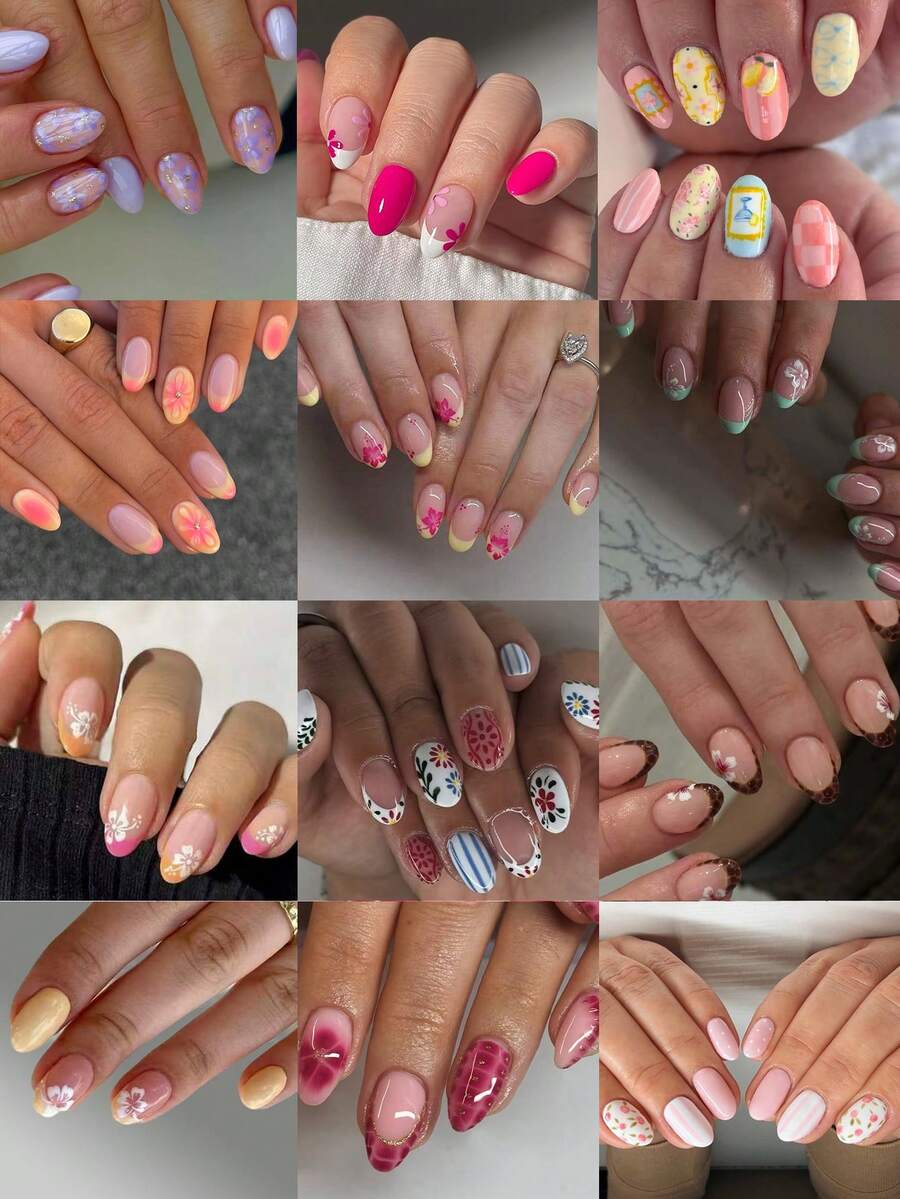 300pcs/Box (12 Assorted Colors) Short Oval Floral French Nail Art Tips, Short Acrylic Nail Tips, Full Coverage Fake Nails - 彩色 - 查看 1