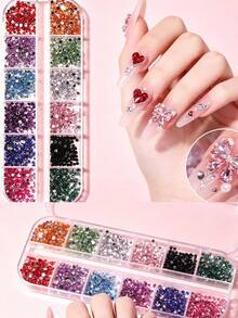 12-Grid Mixed Color Flat Bottom Acrylic Nail Rhinestone Set, Mini Round Nail Gems, 12 Vibrant Bright Colors DIY Japanese Nail Art Decoration, Salon And Home Nail Design Supplies - Multicolor - View 3