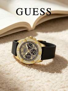 GUESS Women's Multifunction Quartz Watch, Gold-Tone Rhinestone Bezel, Starry Three-Dial Face, Skin-Friendly Black Silicone Strap, Street Style Large - Black - View 3