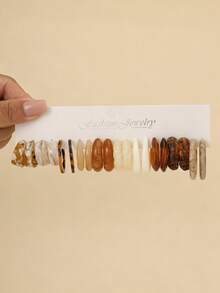 9/10/38 Pairs Vintage Maillard Color Acrylic Hoop Earring Set, Marble Neutral Tone&Asymmetric Surface Texture, Women Accessory - Multicolor - View 9