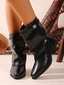 Autumn/Winter New Ankle Boots Slip-On Folded Design Buckle Decor Thick Heel Pointed Toe PU Material Black Boots Versatile Classic Color Women's Boots - Black - View 5