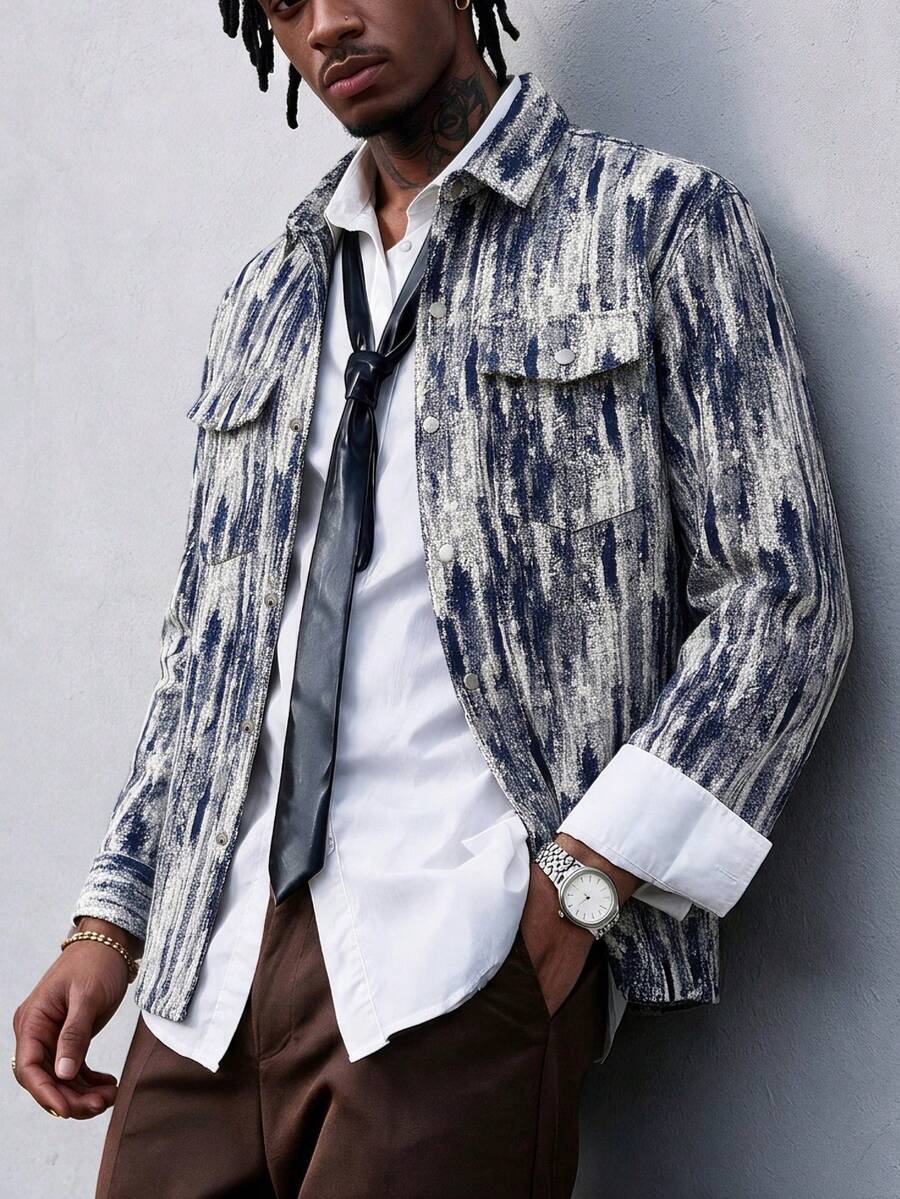 Men's Jacquard Double Pocket Lapel Button Design Jacket, Crisp Fabric, Breathable And Comfortable, Suitable For Daily Wear, Shopping, Commuting, Casual, Party And Social Occasions, Autumn/Winter New Long Sleeve Shirt Jacket - Navy Blue - View 1