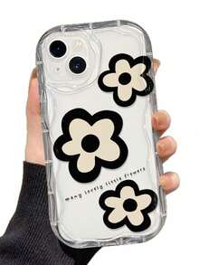 1pc Ins Cream Edge Line Flower Pattern Phone Case, Compatible With 17 16 15 14 13 12 11 Pro Max, Transparent Phone Protective Cover Waterproof Shockproof Scratch-Resistant - Multicolor - View 3