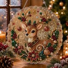 Christmas Pearl Diamond Painting Suncatcher Set 8 Inch, Pre-Assembled Metal Chain, Acrylic Round Plate With Lace Edge, 3D Mixed Size Pearl Beads, Holiday Window Wall Decor - A - View 8