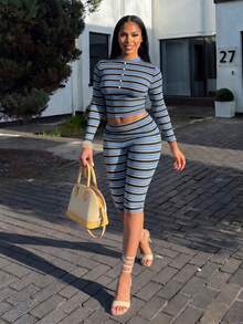 Women's New Knit 2 Pieces Set Fine Striped Long Sleeve Top And Pants, Soft Commute, Vacation, Travel Fall - Multicolor - View 4
