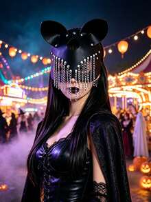 1pc Cool Dark Rivet PU Leather Fox Mask, Punk Metal Chain Tassel Animal Ear Decor Mask, Unisex Halloween Costume Party Cosplay Accessory - Multicolor - View 3