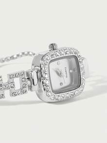 Glisma 1pc Women's Square Shaped Gold Case Rhinestone Decor Watch With Diamond Studded Dial, Hip Hop Style Quartz Wristwatch With Adjustable Strap - Silver - View 2
