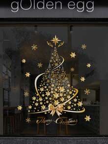 1pc Merry Christmas Oversized Gold & Silver Christmas Tree Pattern Window Cling Sticker, Reusable Glitter PVC Decal For Holiday Display, Suitable For Glass, Walls And Doors, Waterproof PVC, Cartoon Theme Glass Door Decor With Static Cling - Multi-color - View 6