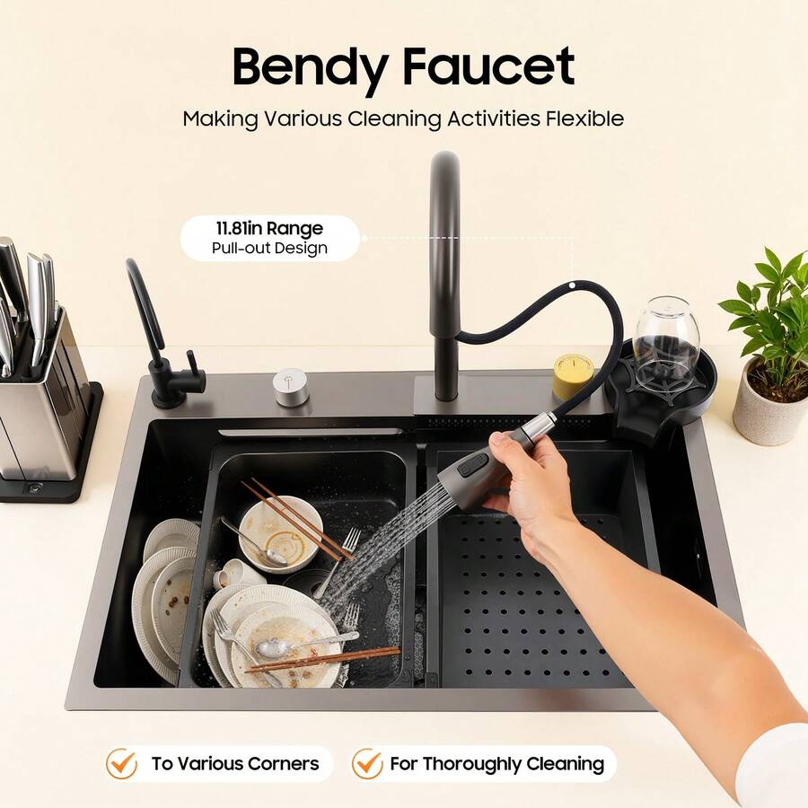 Évier de cuisine en acier inoxydable anthracite, avec accessoires complets : robinet extractible, robinet filtre, égouttoir, planche à découper et égouttoir à tasses. Convient pour la maison, le restaurant, le bar, le garage et l'appartement. Dimensions : 68 * 45 * 21 cm. - Gris anthracite - Voir 1